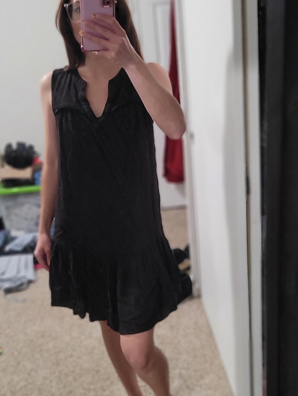 J. Crew Black Sleeveless Notch-Neck Ruffle-Hem Mini Dress